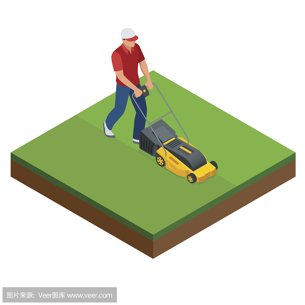 夏天,一个人正在用黄色的割草机割草坪。草坪草服务理念。等距矢量图